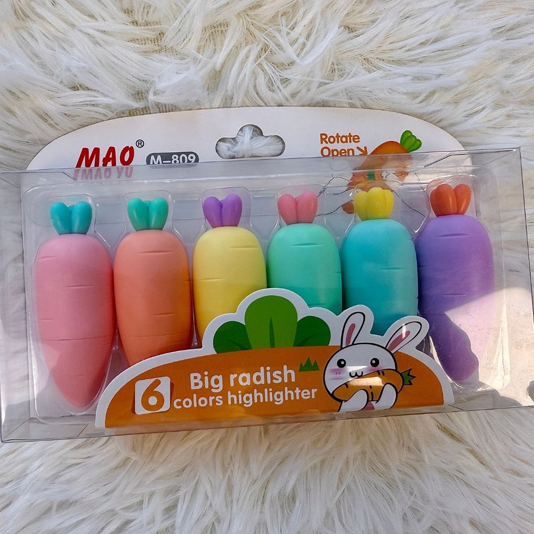 Cute Pastel Carrot Mini Highlighter Set - 6 'Big Radish' Colors