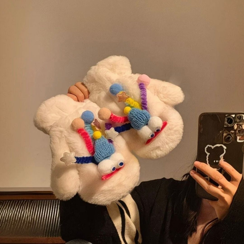 Quirky Fluffy Monster Mittens - Funny 3D Pom-Pom Winter Gloves