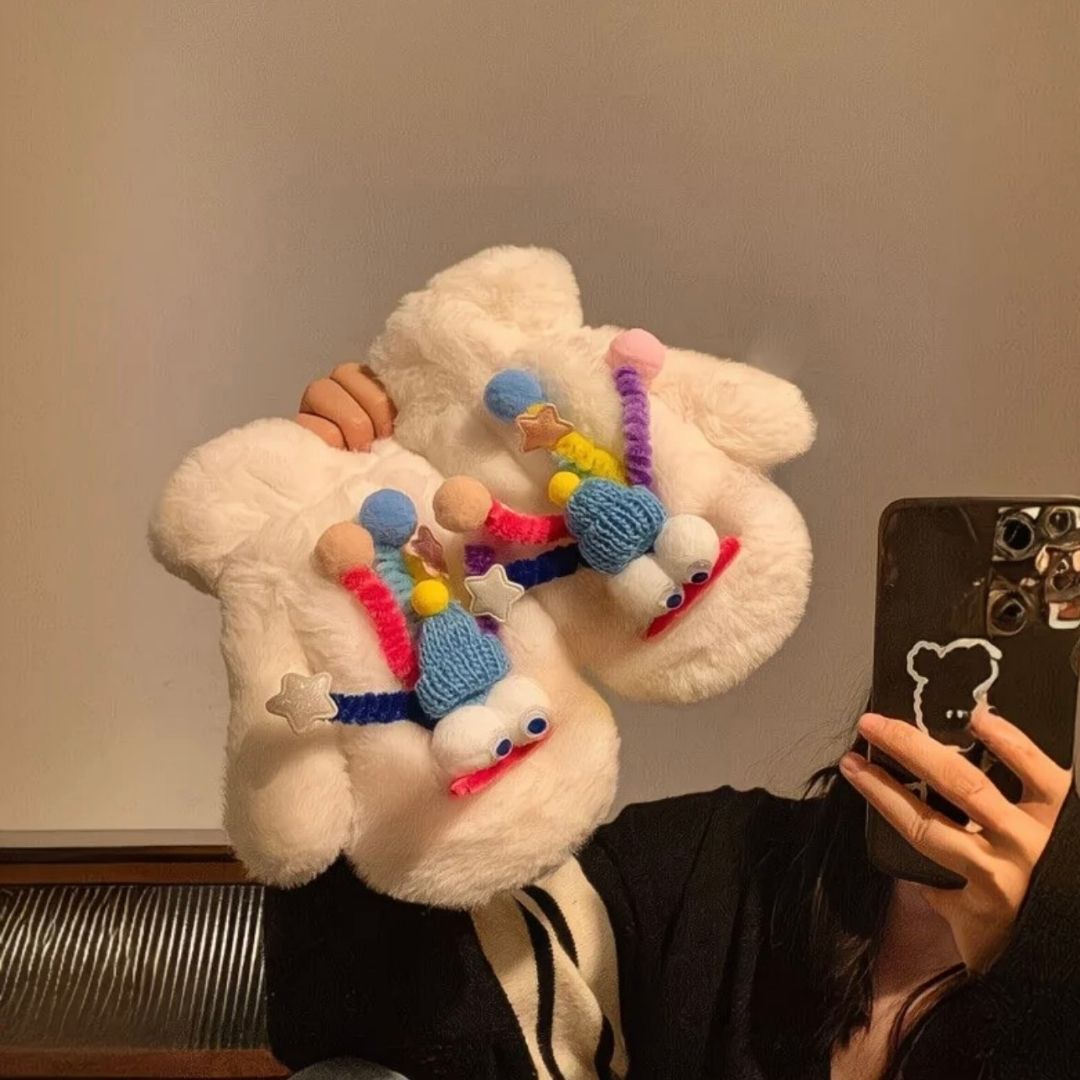 Quirky Fluffy Monster Mittens - Funny 3D Pom-Pom Winter Gloves