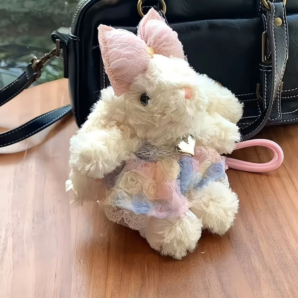 Coquette Plush Bunny Bag Charm - Pastel Floral Dress & Heart Pendant