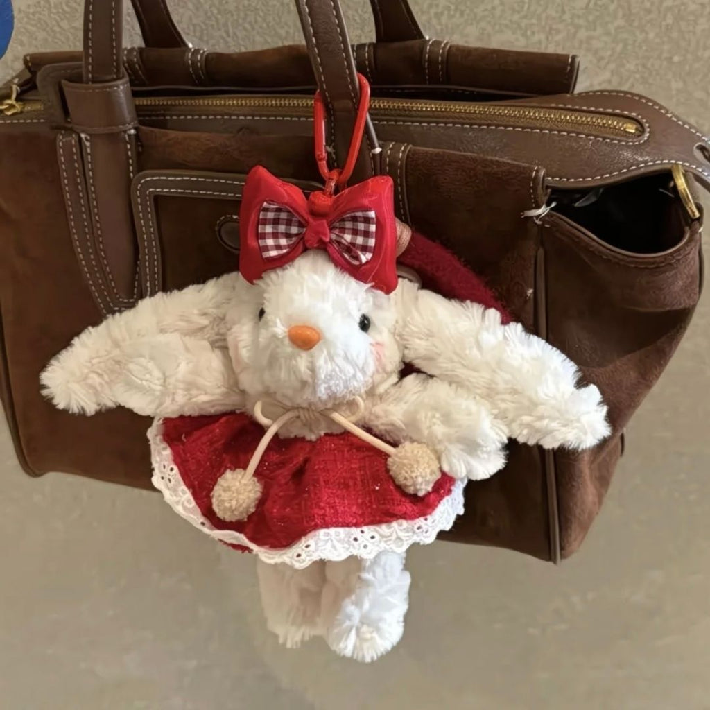 Cute Floppy Ear Bunny Plush Bag Charm - Red Lace Dress & Bow