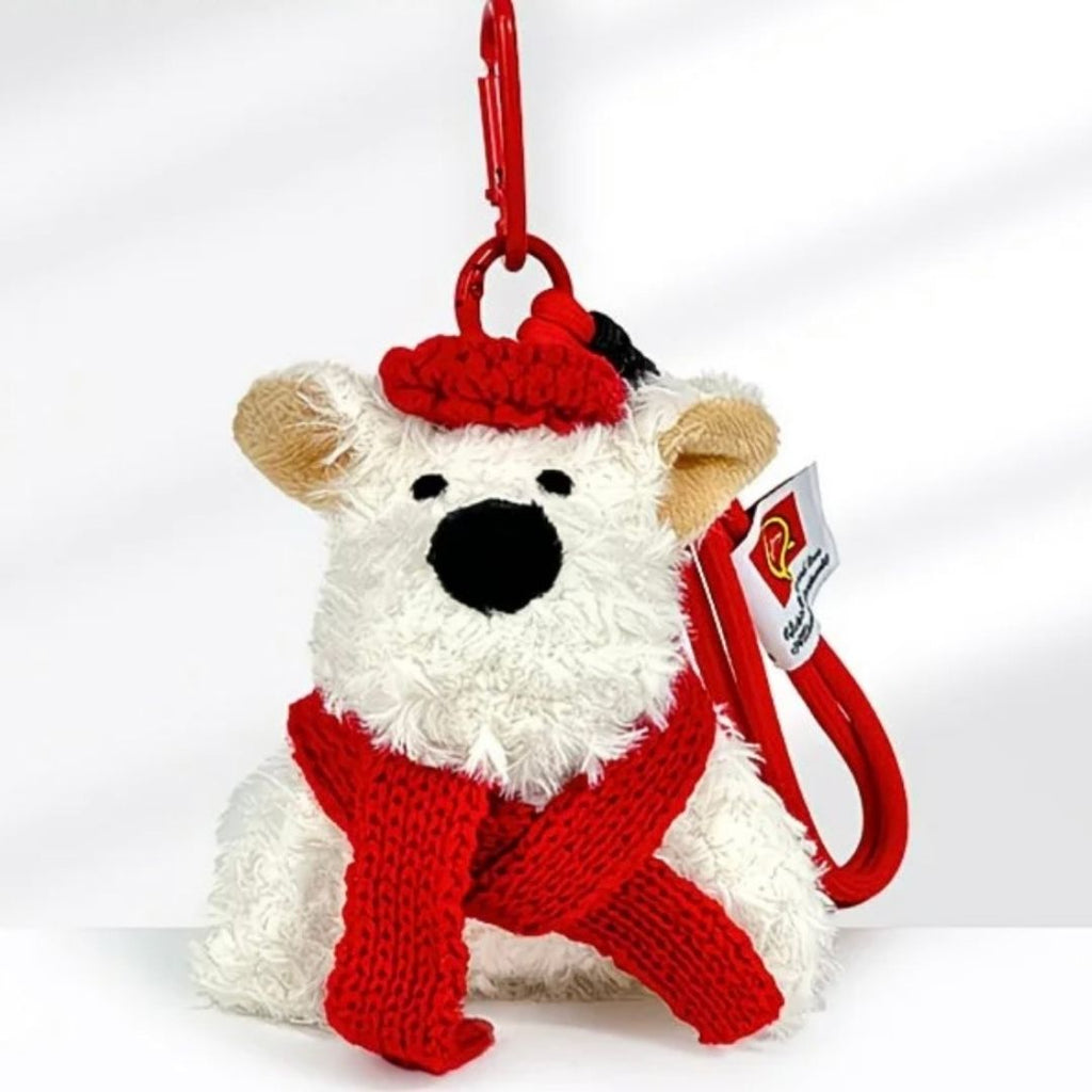 Cozy Fluffy White Bear Plush Bag Charm - Red Knit Scarf & Hat