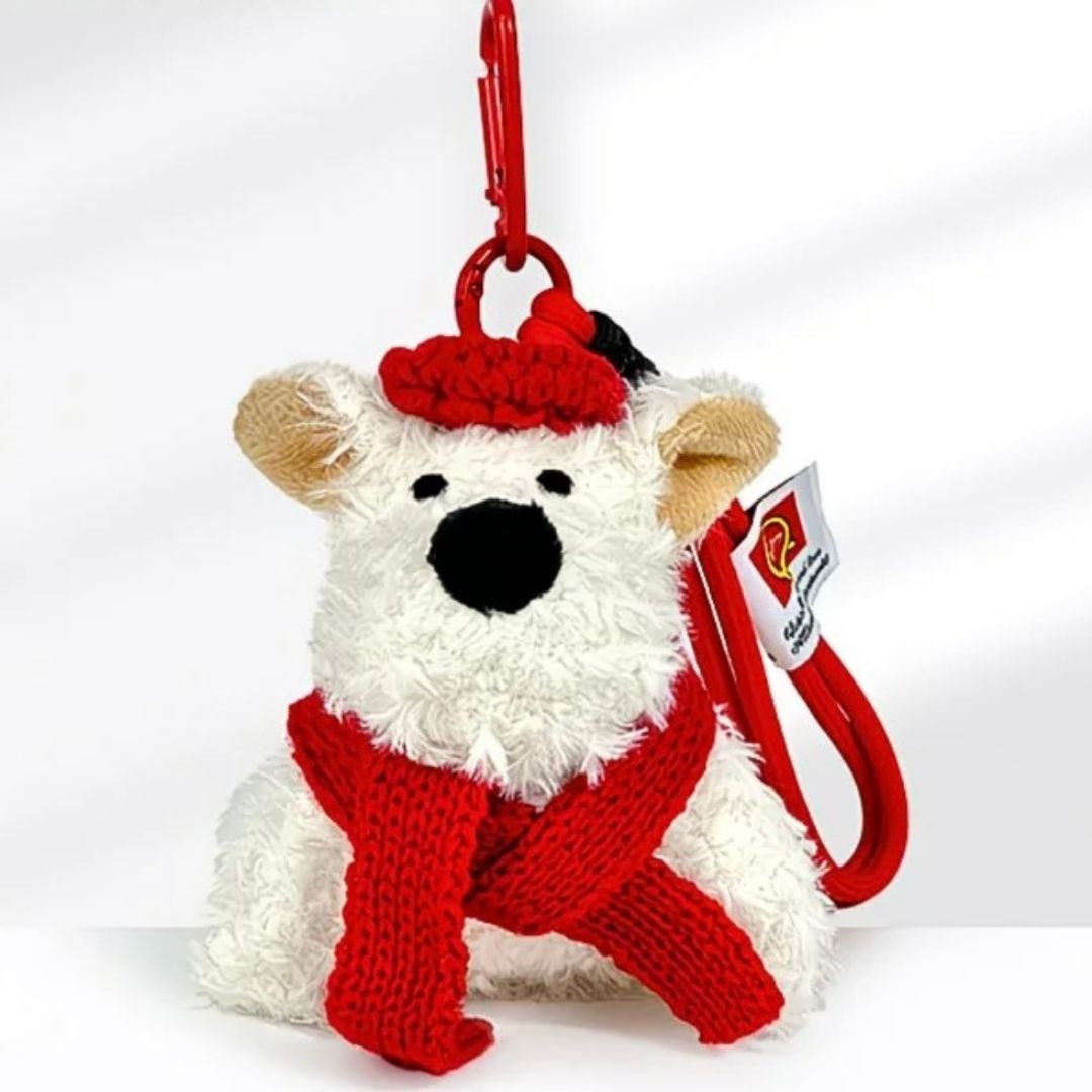 Cozy Fluffy White Bear Plush Bag Charm - Red Knit Scarf & Hat