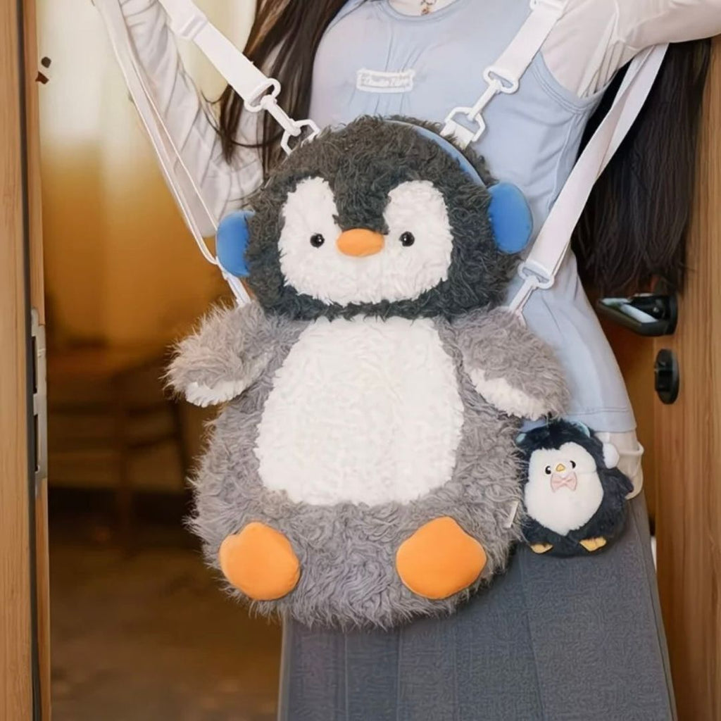 Cute Jumbo Fluffy Penguin Backpack - Cozy Earmuff Edition with Mini Charm