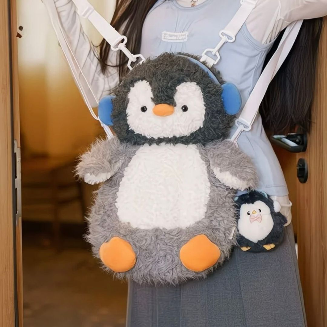 Cute Jumbo Fluffy Penguin Backpack - Cozy Earmuff Edition with Mini Charm