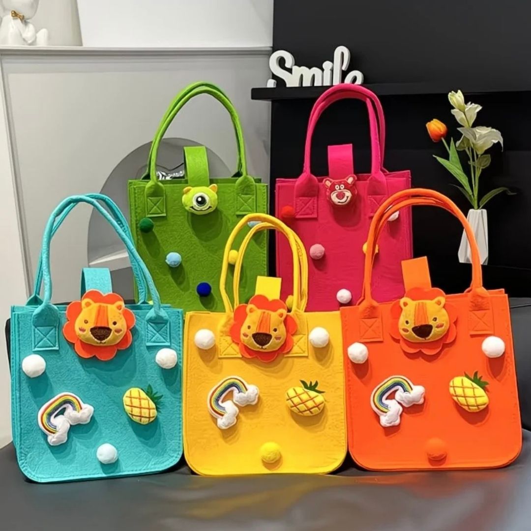 Colorful Felt Tote Bag with 3D Character Charms - Lotso, Mike & Lion Edition