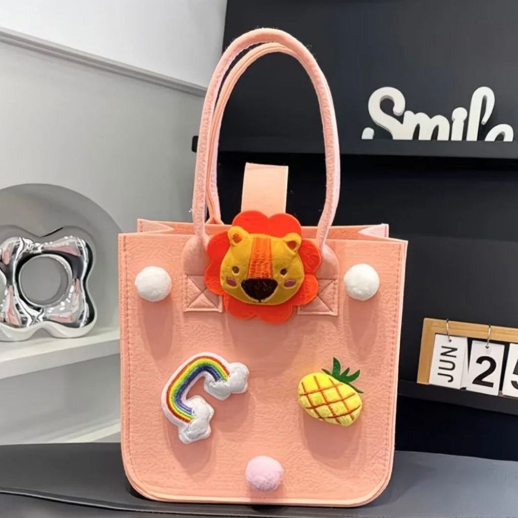 Colorful Felt Tote Bag with 3D Character Charms - Lotso, Mike & Lion Edition